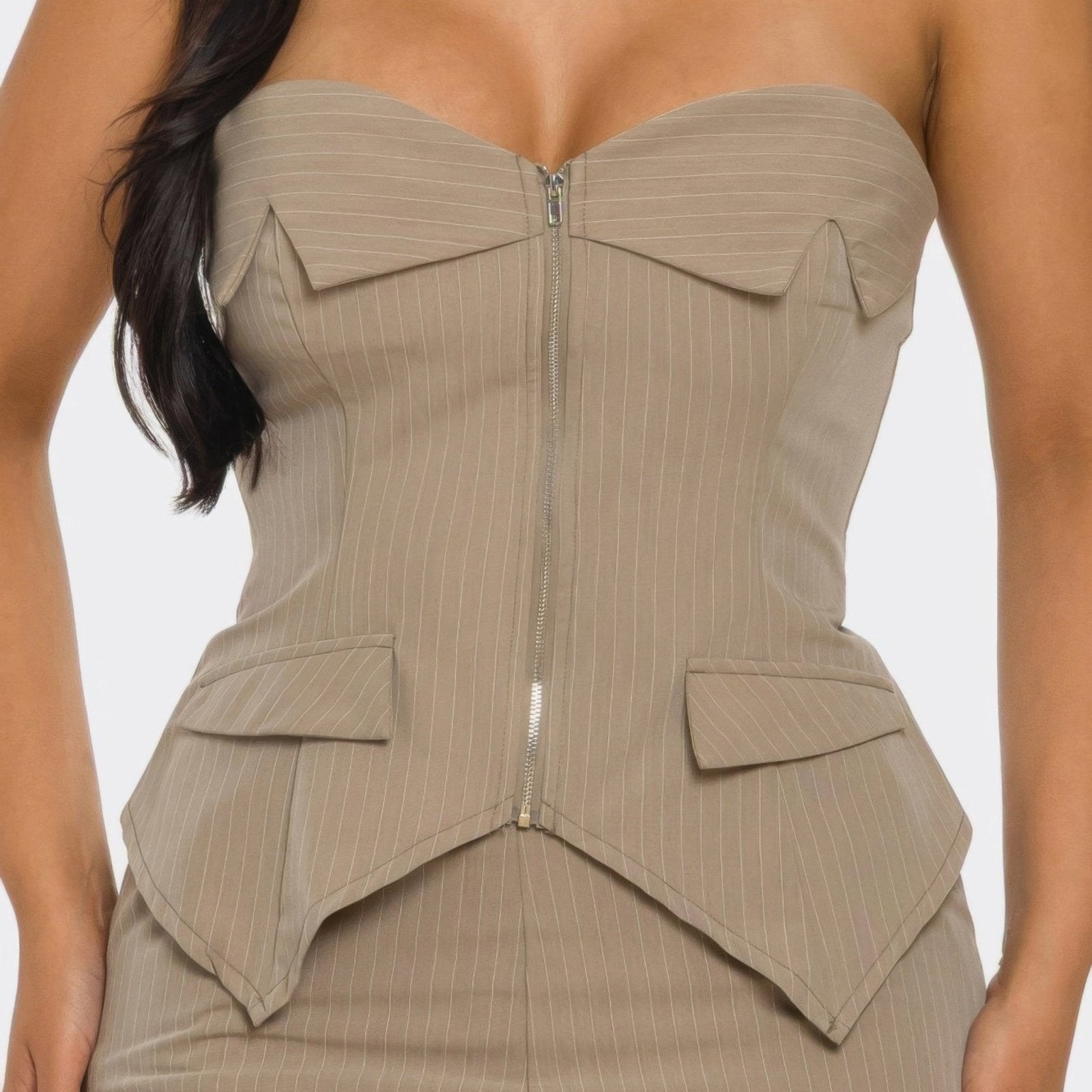 Power Structure Corset Top & Pinstripe Wide-Leg Trouser Set - Black & Mocha-Solazura Boutique - Solazura Boutique