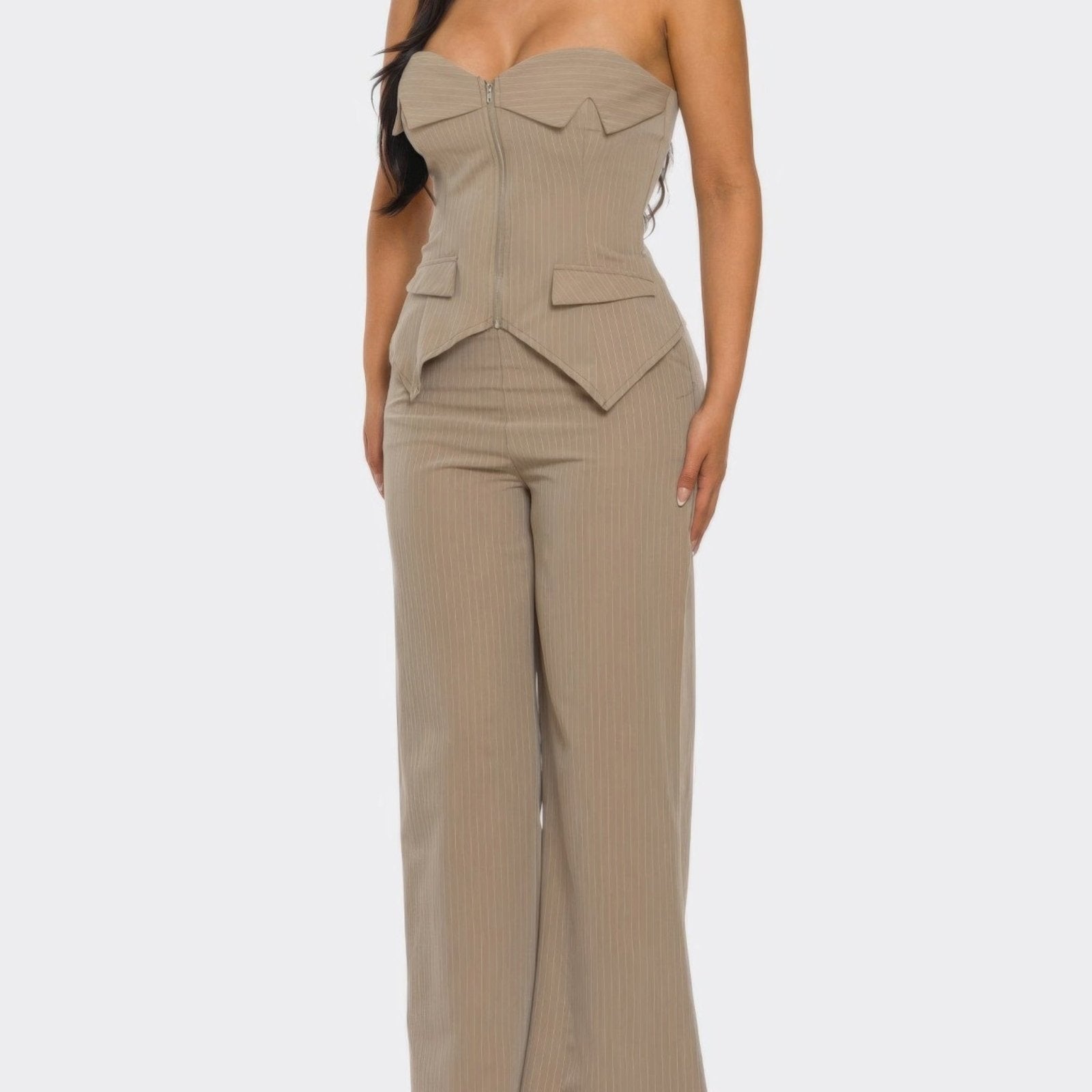 Power Structure Corset Top & Pinstripe Wide-Leg Trouser Set - Black & Mocha-Solazura Boutique - Solazura Boutique