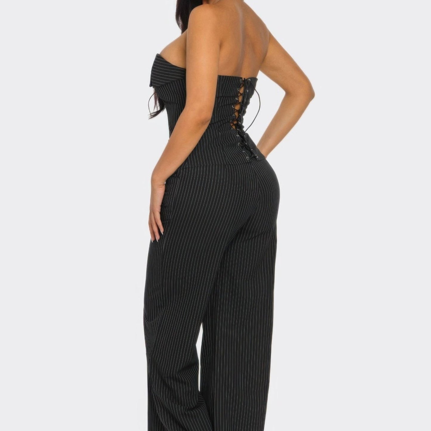 Power Structure Corset Top & Pinstripe Wide-Leg Trouser Set - Black & Mocha-Solazura Boutique - Solazura Boutique