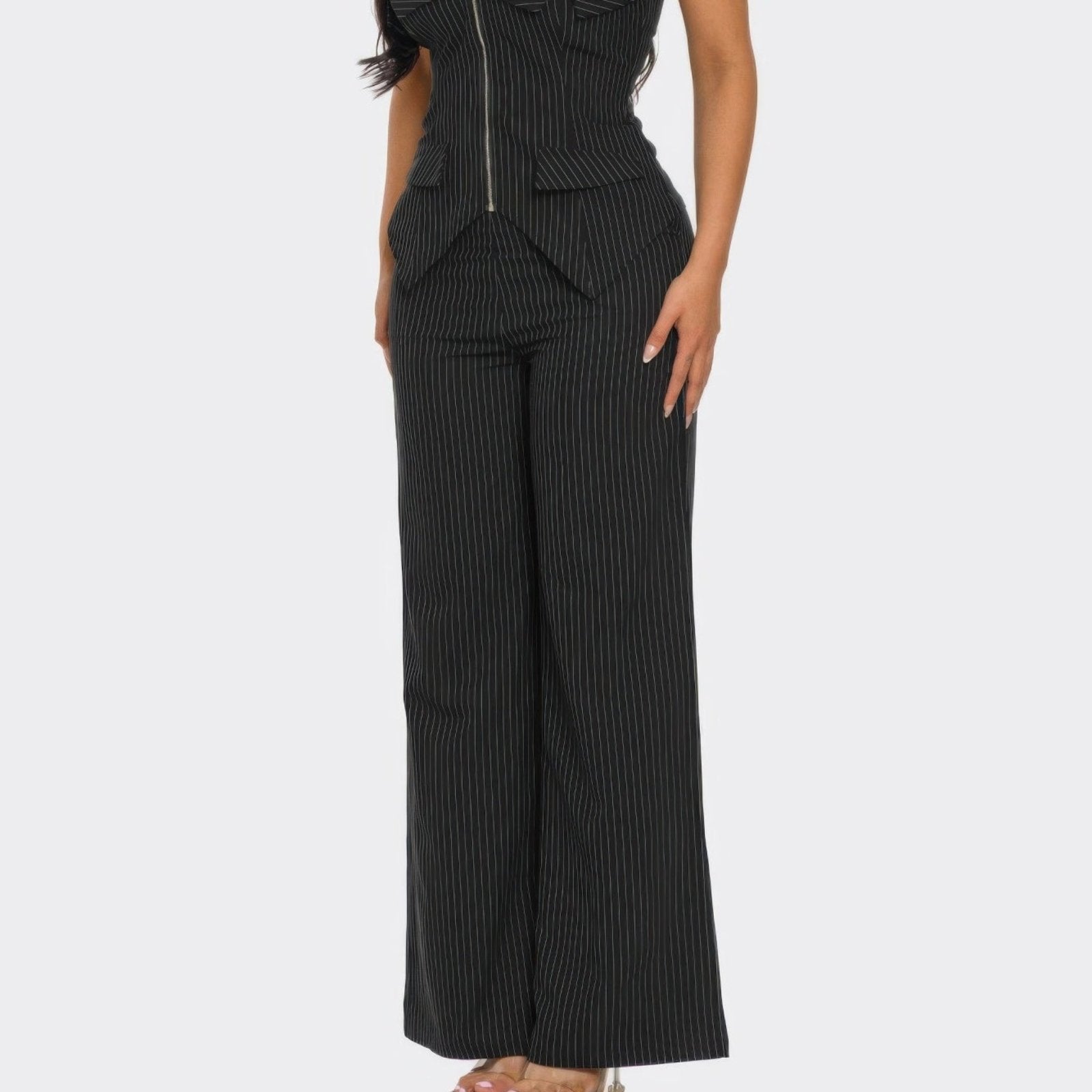 Power Structure Corset Top & Pinstripe Wide-Leg Trouser Set - Black & Mocha-Solazura Boutique - Solazura Boutique