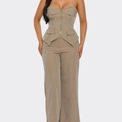 Power Structure Corset Top & Pinstripe Wide-Leg Trouser Set - Black & Mocha-Solazura Boutique - Solazura Boutique
