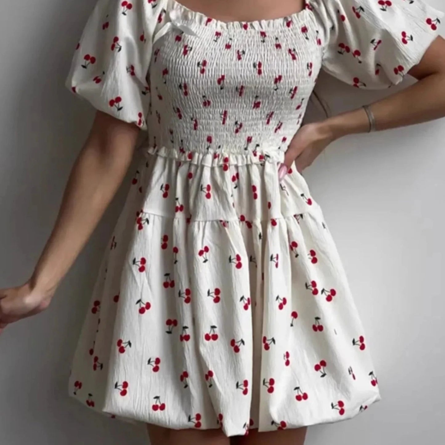 Puff Sleeve Cherry Print Smocked Mini Dress-Trendsi - Solazura Boutique