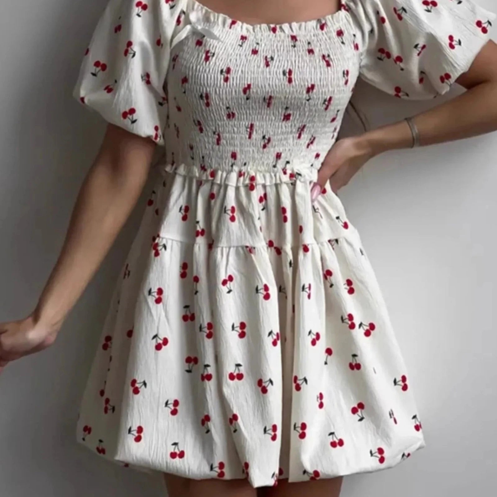 Puff Sleeve Cherry Print Smocked Mini Dress-Trendsi - Solazura Boutique