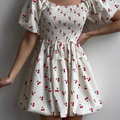 Puff Sleeve Cherry Print Smocked Mini Dress-Trendsi - Solazura Boutique
