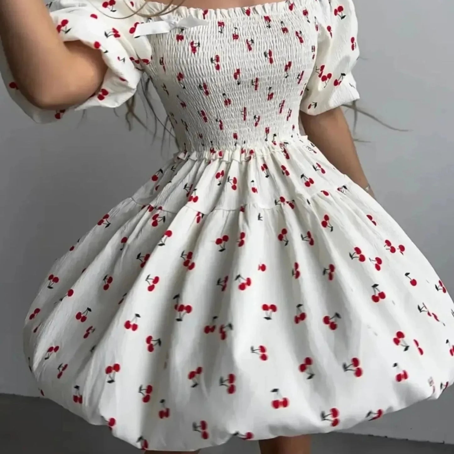 Puff Sleeve Cherry Print Smocked Mini Dress-Trendsi - Solazura Boutique