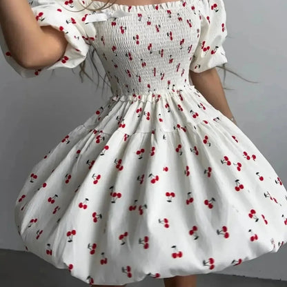 Puff Sleeve Cherry Print Smocked Mini Dress-Trendsi - Solazura Boutique