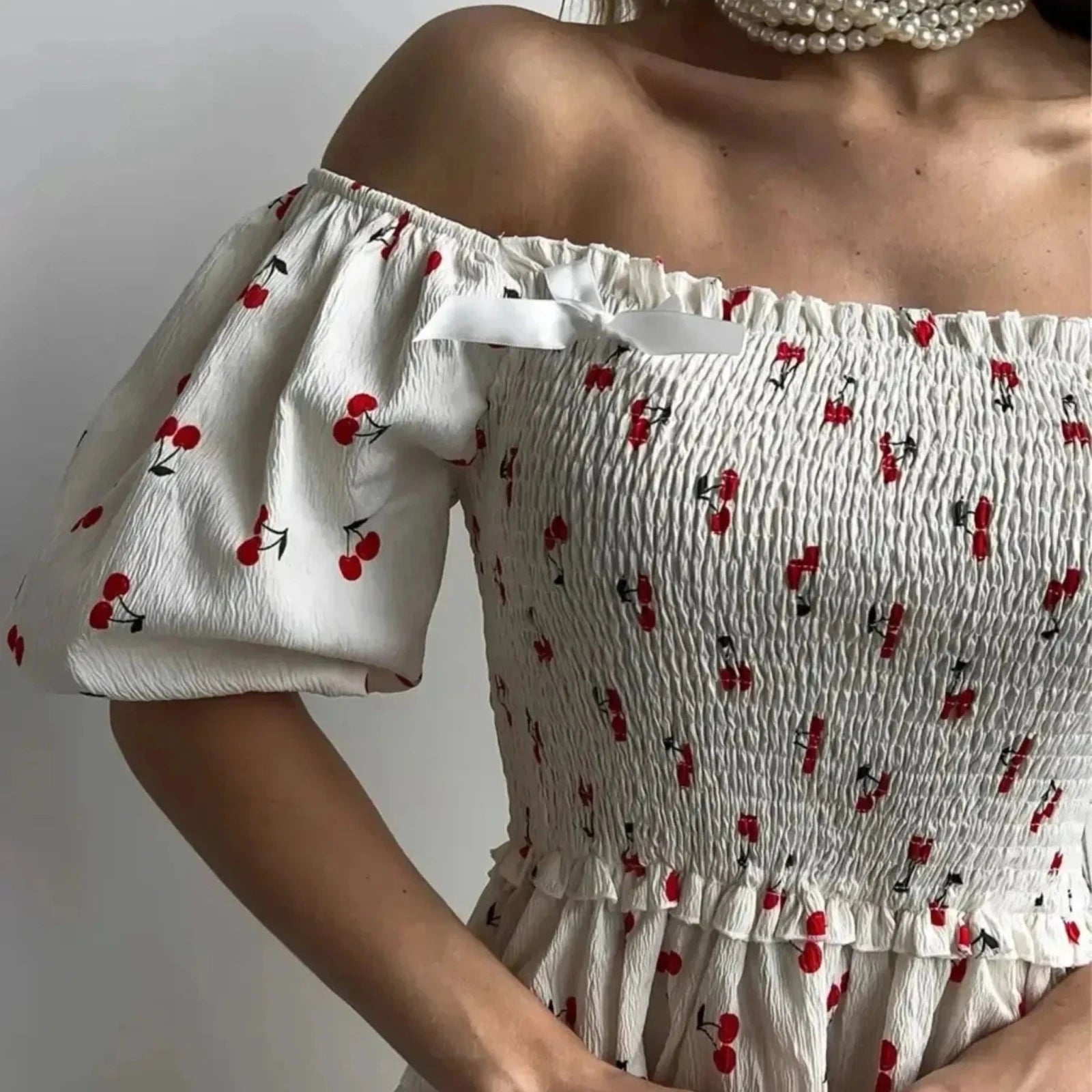 Puff Sleeve Cherry Print Smocked Mini Dress-Trendsi - Solazura Boutique