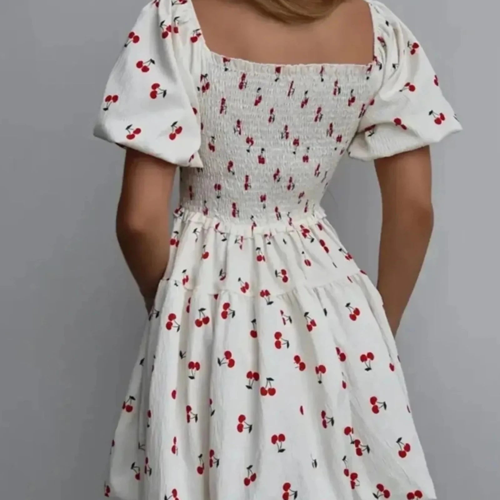 Puff Sleeve Cherry Print Smocked Mini Dress-Trendsi - Solazura Boutique