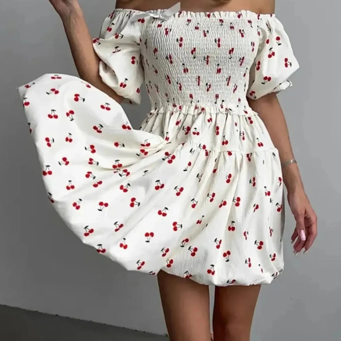 Puff Sleeve Cherry Print Smocked Mini Dress-Trendsi - Solazura Boutique