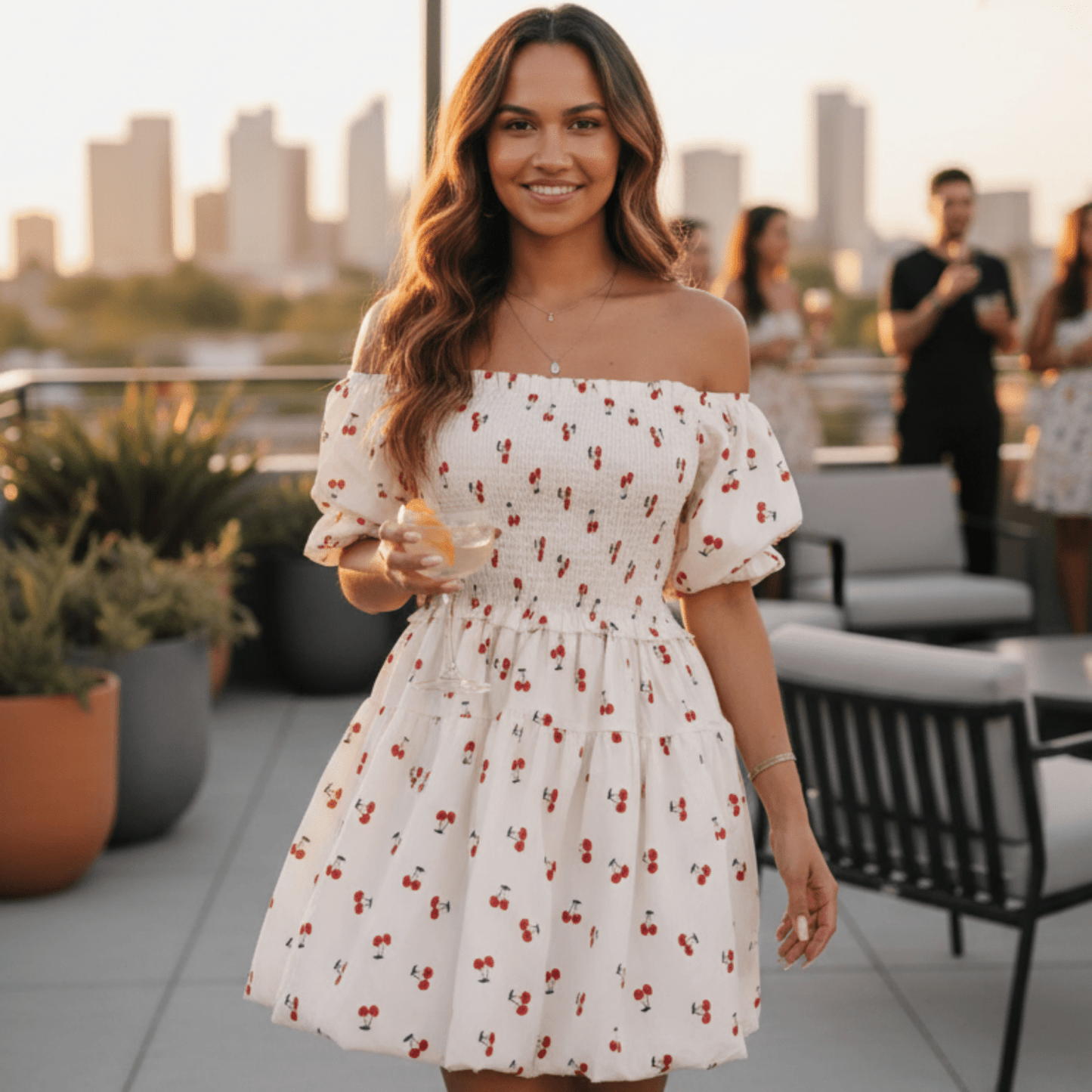 Puff Sleeve Cherry Print Smocked Mini Dress-Trendsi - Solazura Boutique