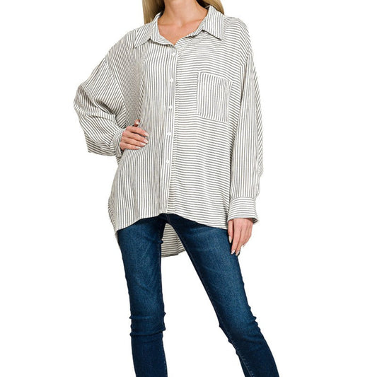 Side profile of the Zenana black shirt showing the modern and structured silhouette.