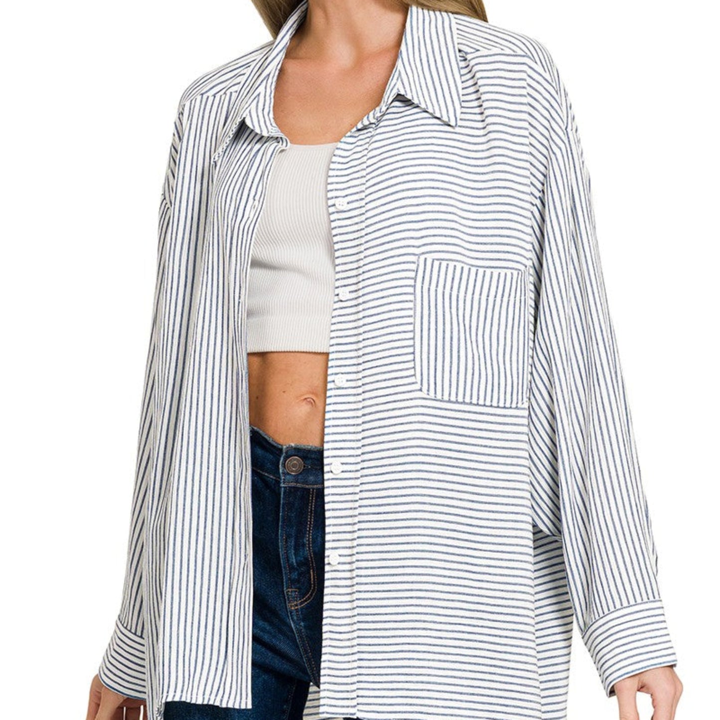 Side profile of the Zenana blue shirt showing the modern and structured silhouette.