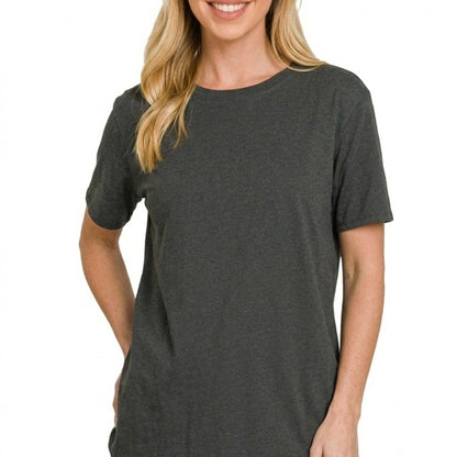 Detailed view of the 100% cotton fabric and relaxed stitching on the Zenana boyfriend tee.