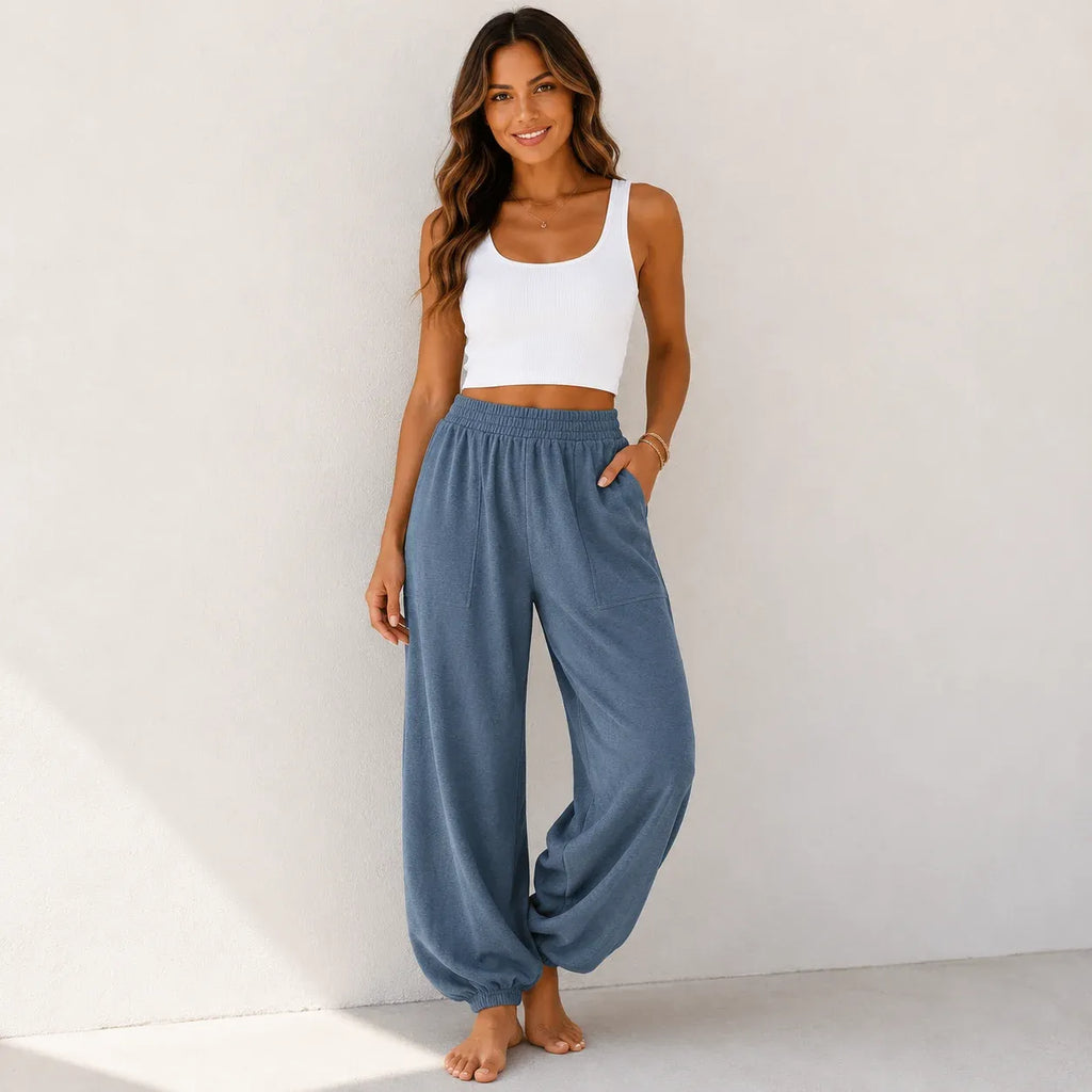 Women's relaxed wide leg cotton pants in steel blue with elastic waistband and relaxed fit.