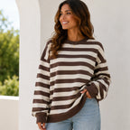 Women's retro striped crew neck sweatshirt in coffee stripes with a relaxed oversized silhouette, long sleeves, and soft sweatshirt knit fabric.