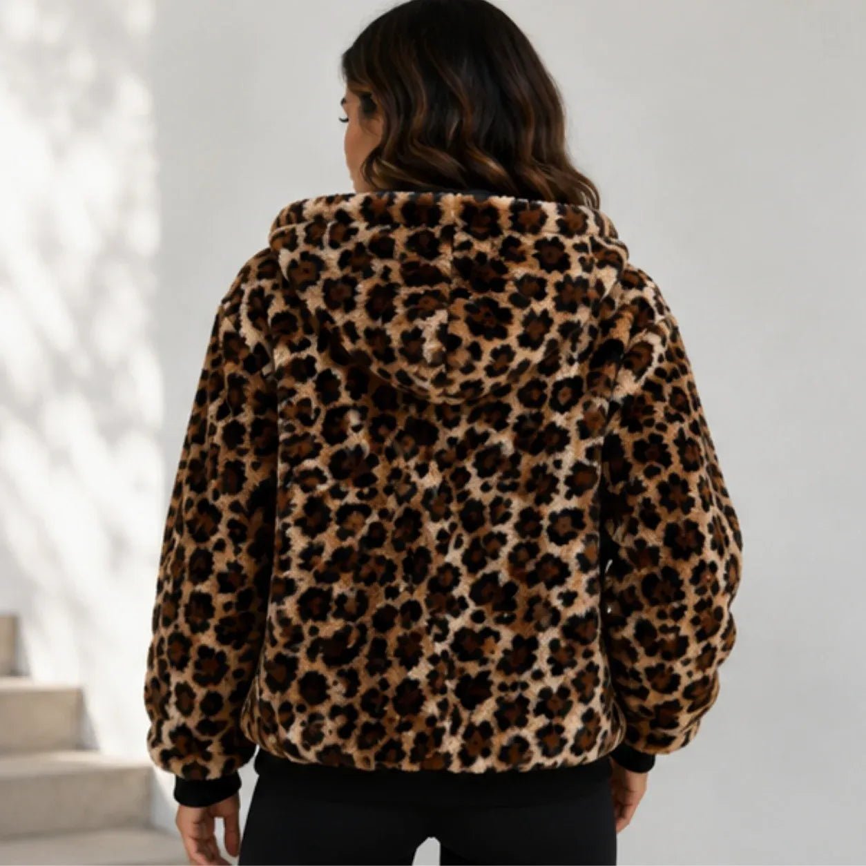 Reversible leopard hooded jacket in leopard print, back view