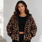 Reversible leopard hooded jacket in leopard print, front view