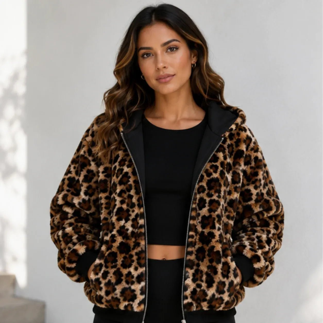 Reversible leopard hooded jacket in leopard print, front view