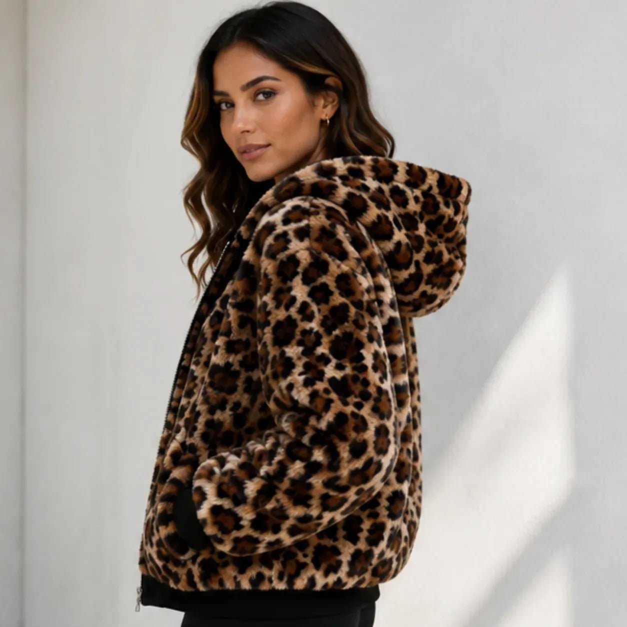 Reversible leopard hooded jacket in leopard print, side view