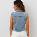 Blue rhinestone embellished denim vest, back view