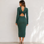 Women's green backless bow-back sweater dress back view