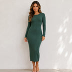 Women's green ribbed backless bow-back sweater dress front view