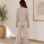 Back view of the camel Ribbed Henley Lounge Set showing the relaxed long sleeve top and wide-leg lounge pants.