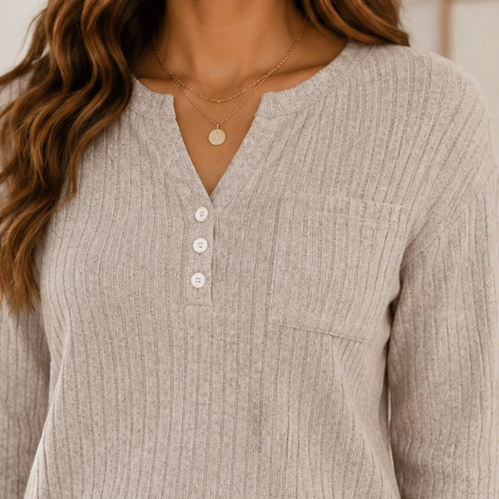 Close-up of the camel Ribbed Henley Lounge Set highlighting the ribbed knit texture, Henley button placket, and chest pocket.