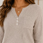 Close-up of the camel Ribbed Henley Lounge Set highlighting the ribbed knit texture, Henley button placket, and chest pocket.