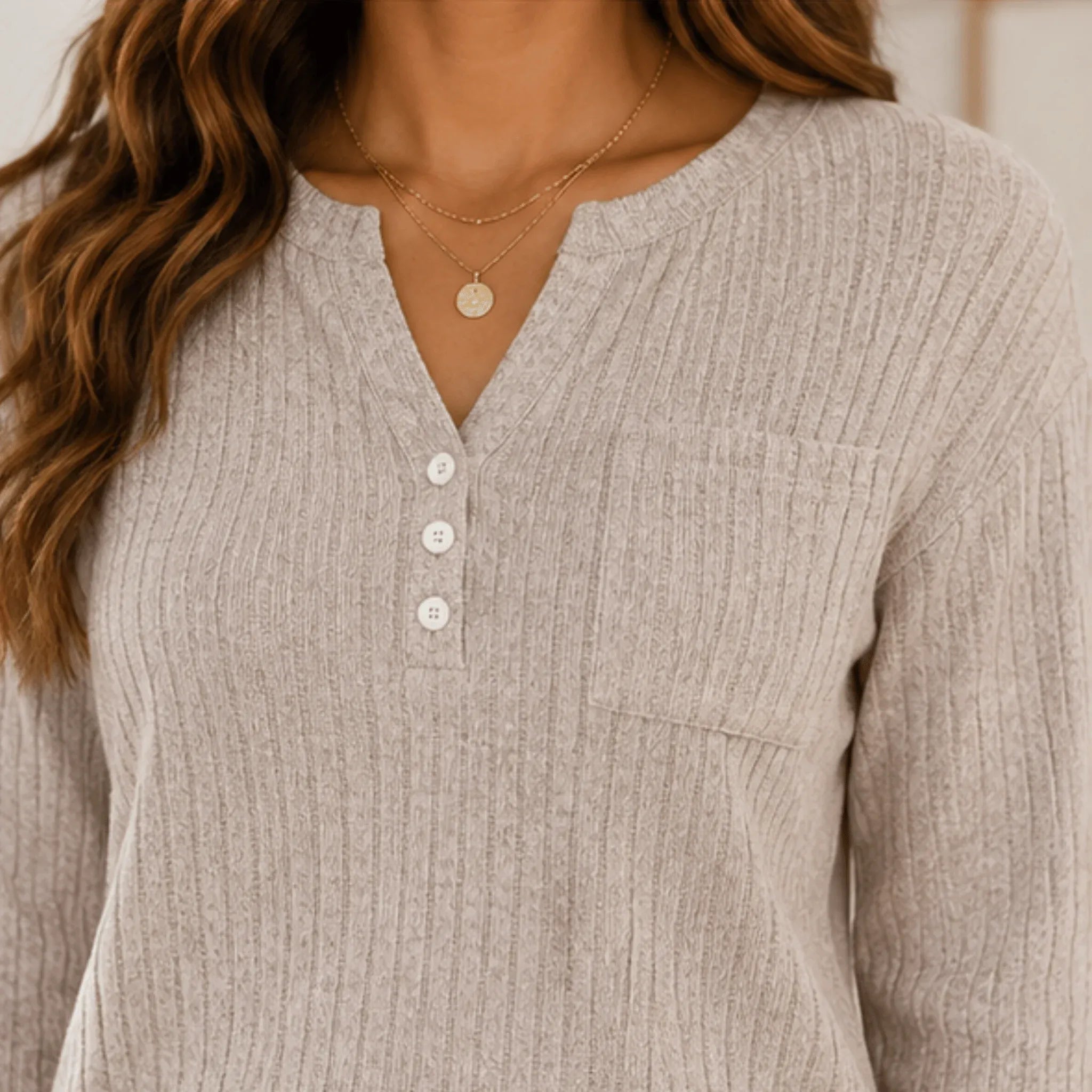 Close-up of the camel Ribbed Henley Lounge Set highlighting the ribbed knit texture, Henley button placket, and chest pocket.
