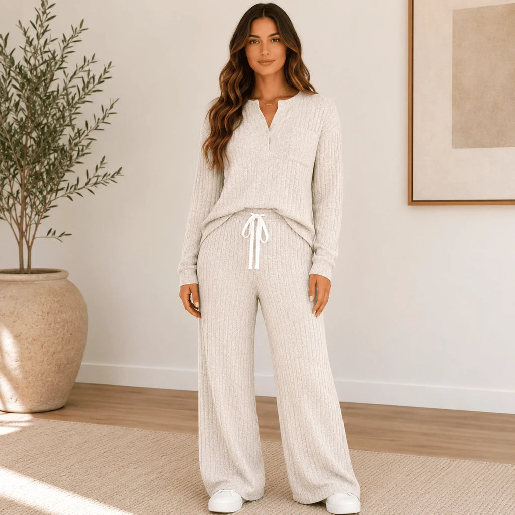 Women's Ribbed Henley Lounge Set in apricot featuring a soft ribbed Henley top with matching wide-leg drawstring pants.