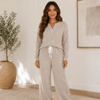 Camel Ribbed Henley Lounge Set featuring a soft ribbed knit top with matching drawstring wide-leg pants.