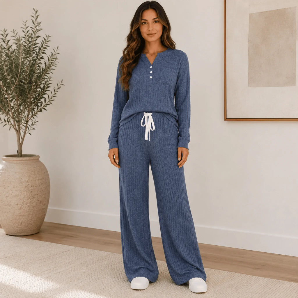 Dark blue Ribbed Henley Lounge Set featuring a relaxed-fit Henley top and coordinating wide-leg lounge pants.