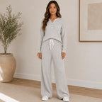 Gray Ribbed Henley Lounge Set with long sleeve Henley top, chest pocket, and matching relaxed-fit lounge pants.