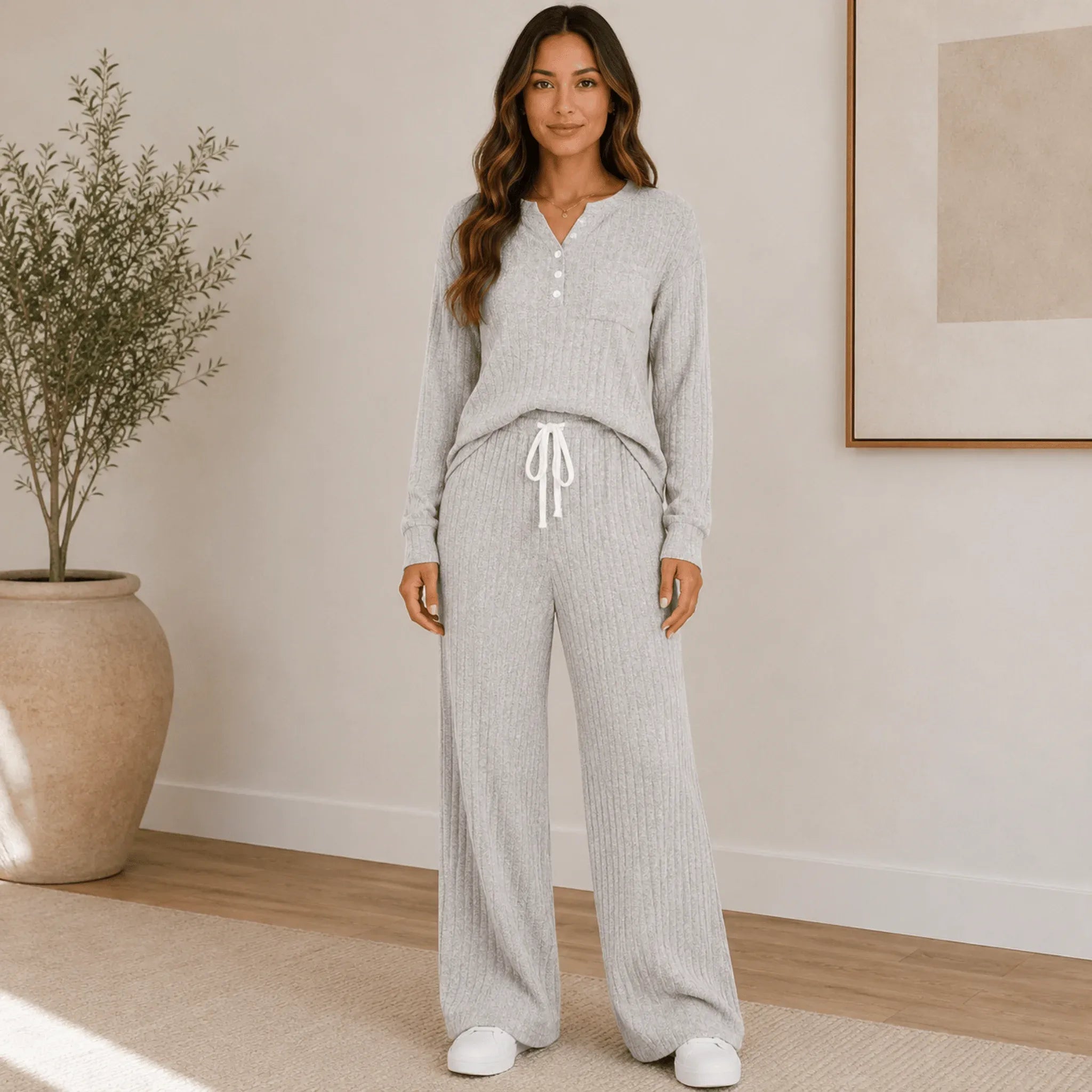 Gray Ribbed Henley Lounge Set with long sleeve Henley top, chest pocket, and matching relaxed-fit lounge pants.