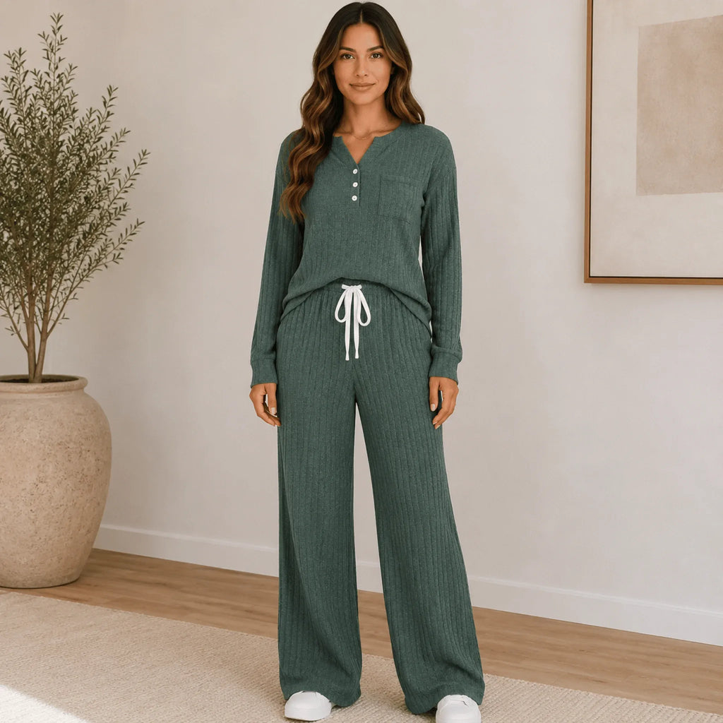 Green Ribbed Henley Lounge Set featuring a cozy ribbed knit Henley top and matching wide-leg pants.