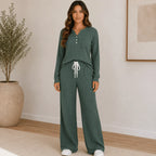 Green Ribbed Henley Lounge Set featuring a cozy ribbed knit Henley top and matching wide-leg pants.