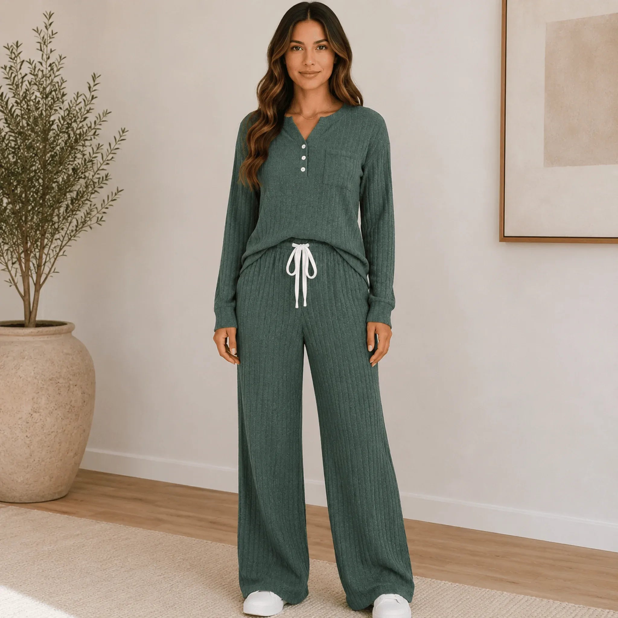 Green Ribbed Henley Lounge Set featuring a cozy ribbed knit Henley top and matching wide-leg pants.
