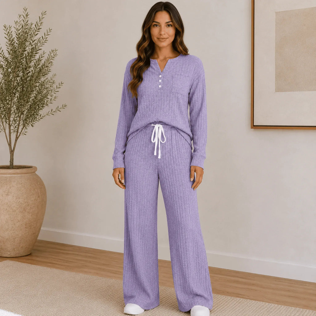 Purple Ribbed Henley Lounge Set with ribbed texture, Henley neckline, and comfortable drawstring lounge pants.