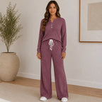 Wine red Ribbed Henley Lounge Set featuring a relaxed long sleeve Henley top and matching wide-leg ribbed lounge pants.