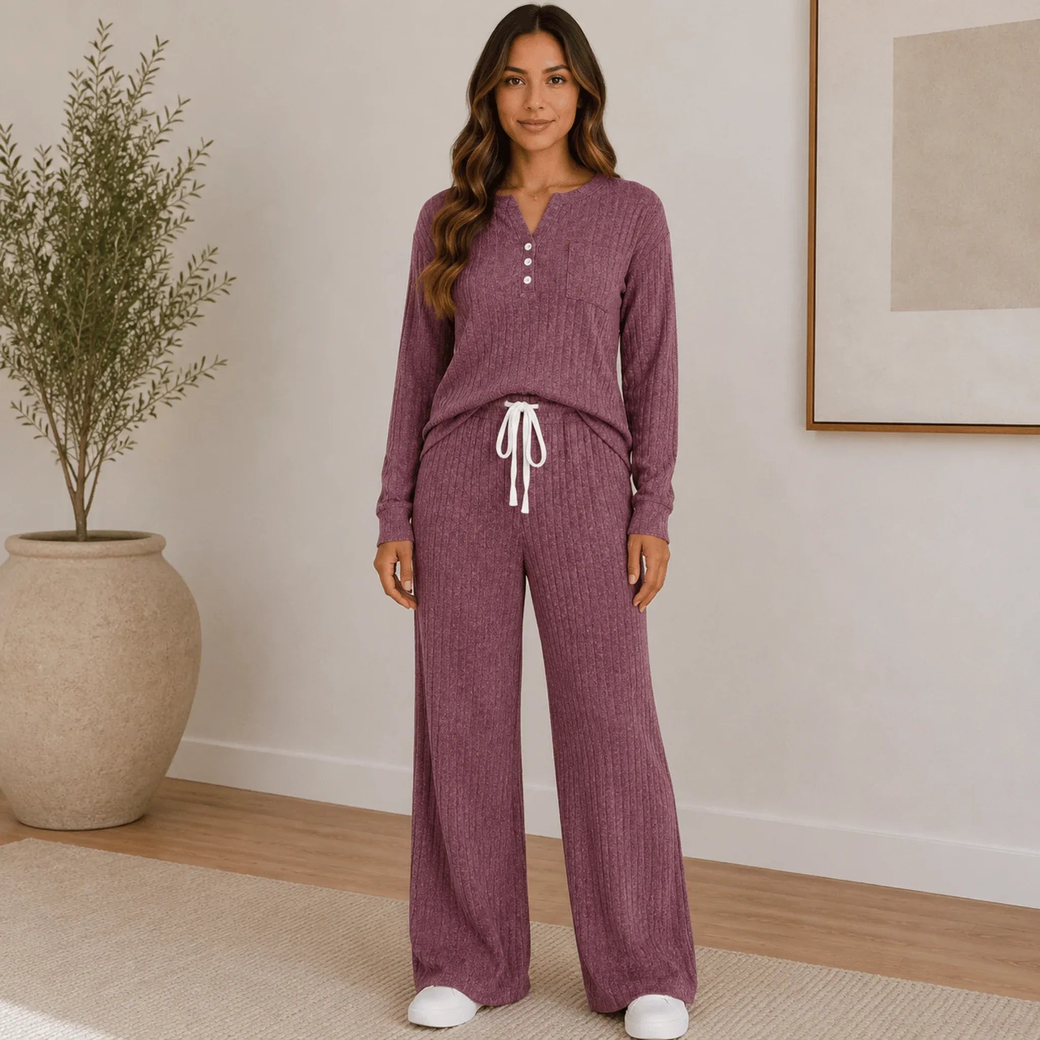 Wine red Ribbed Henley Lounge Set featuring a relaxed long sleeve Henley top and matching wide-leg ribbed lounge pants.