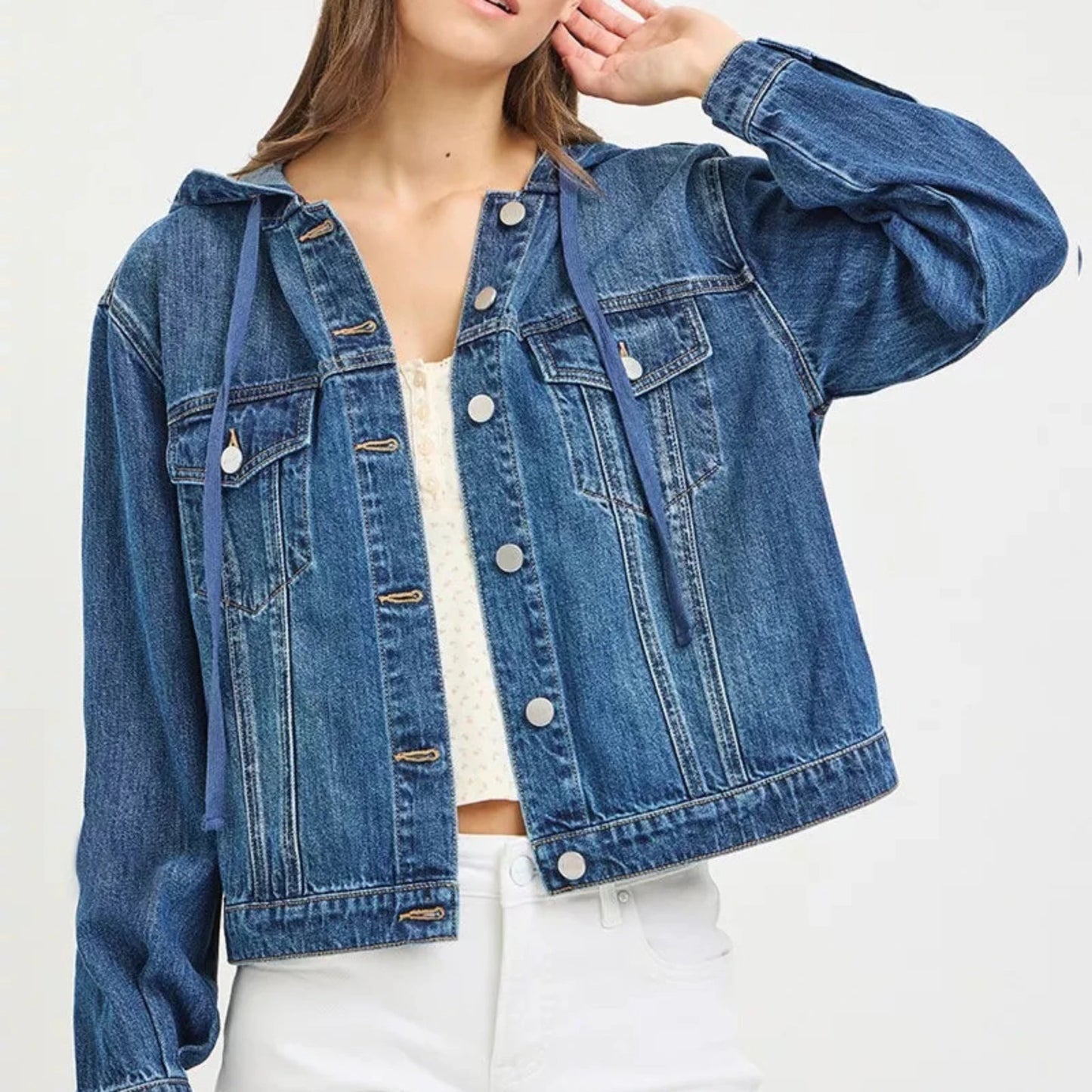 RISEN Hooded Denim Jacket-Trendsi - Solazura Boutique