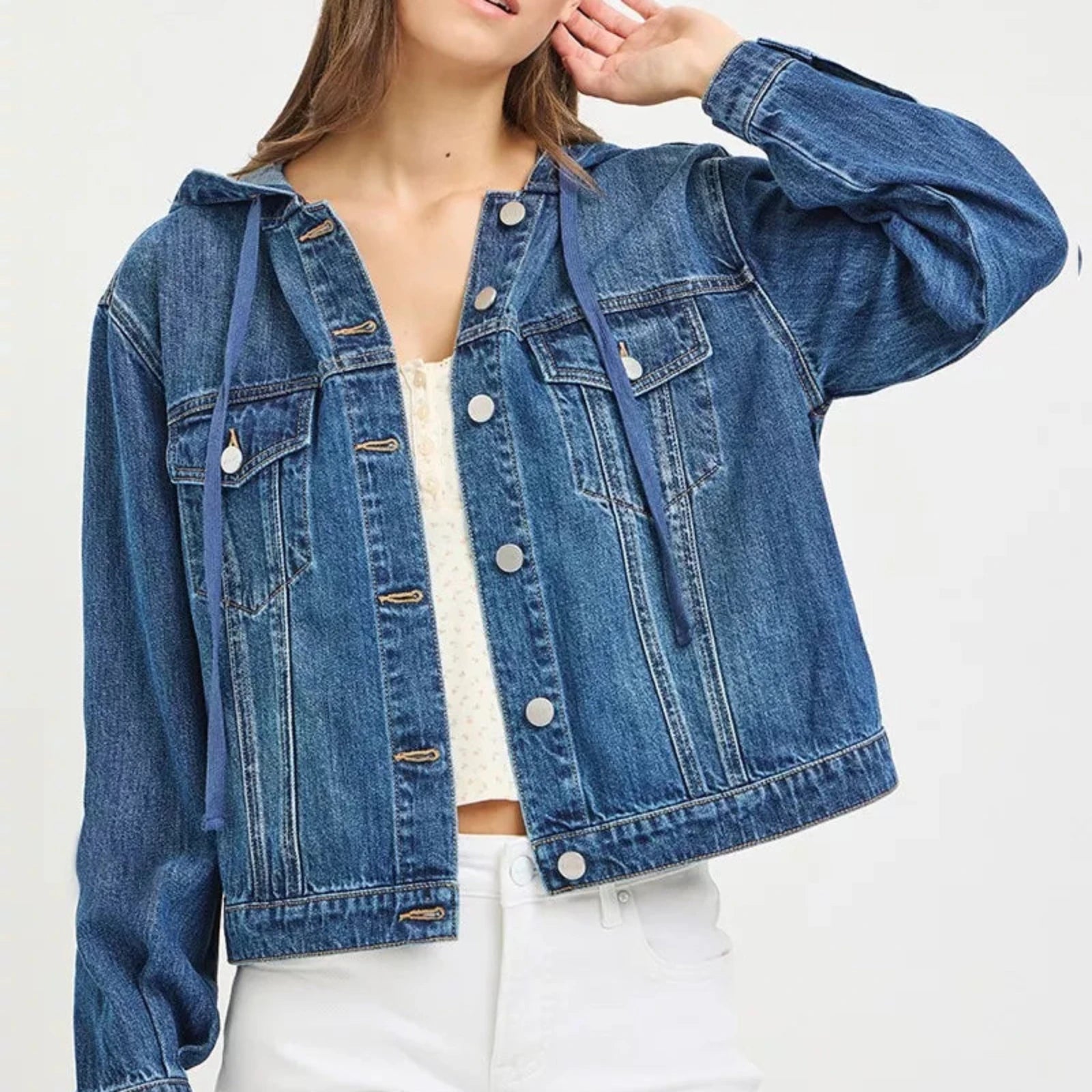 RISEN Hooded Denim Jacket-Trendsi - Solazura Boutique