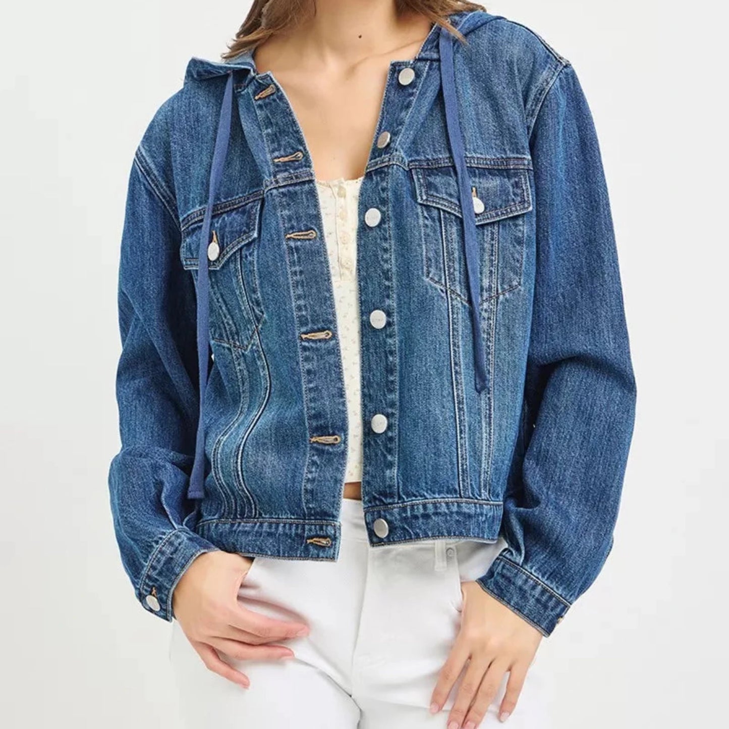 RISEN Hooded Denim Jacket-Trendsi - Solazura Boutique