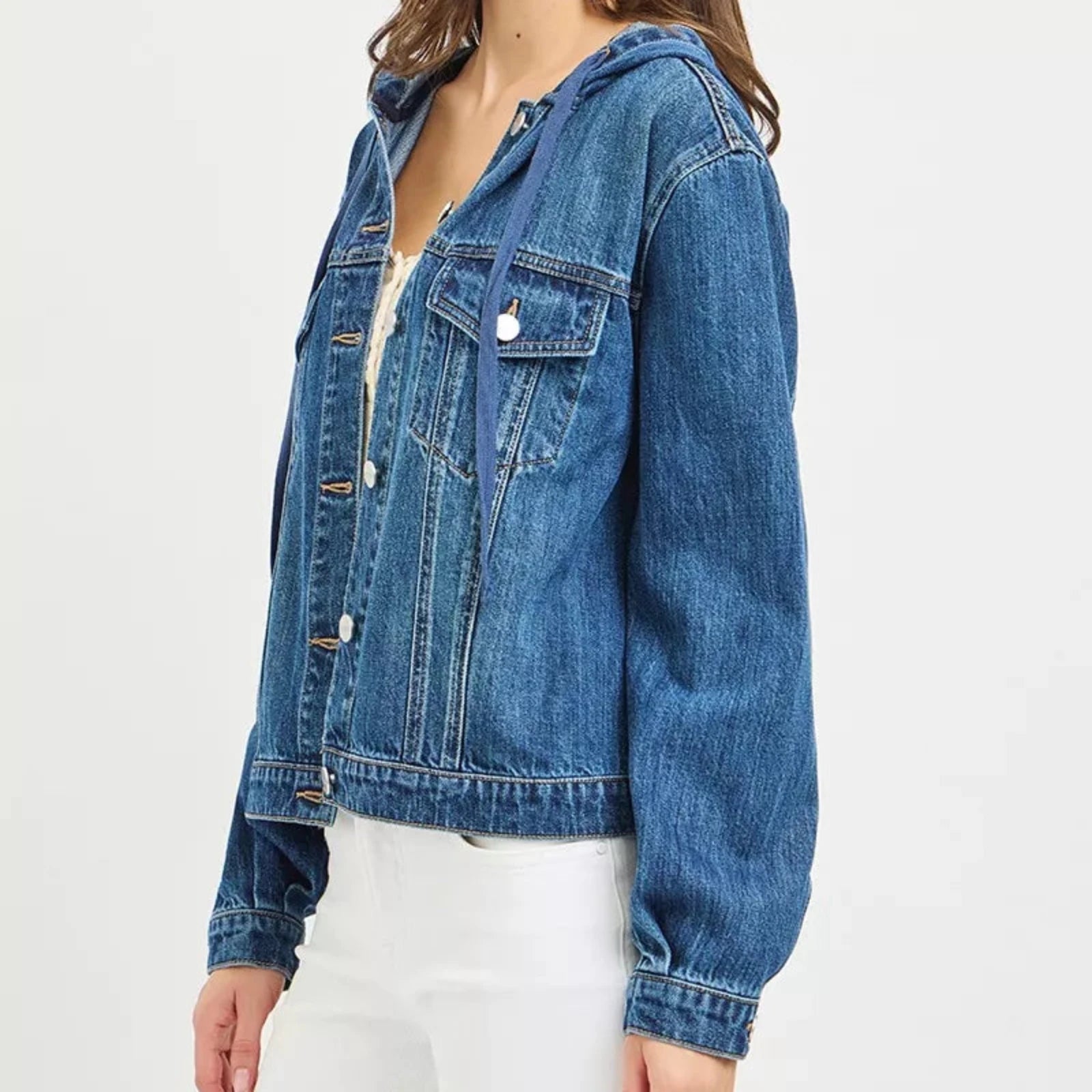 RISEN Hooded Denim Jacket-Trendsi - Solazura Boutique
