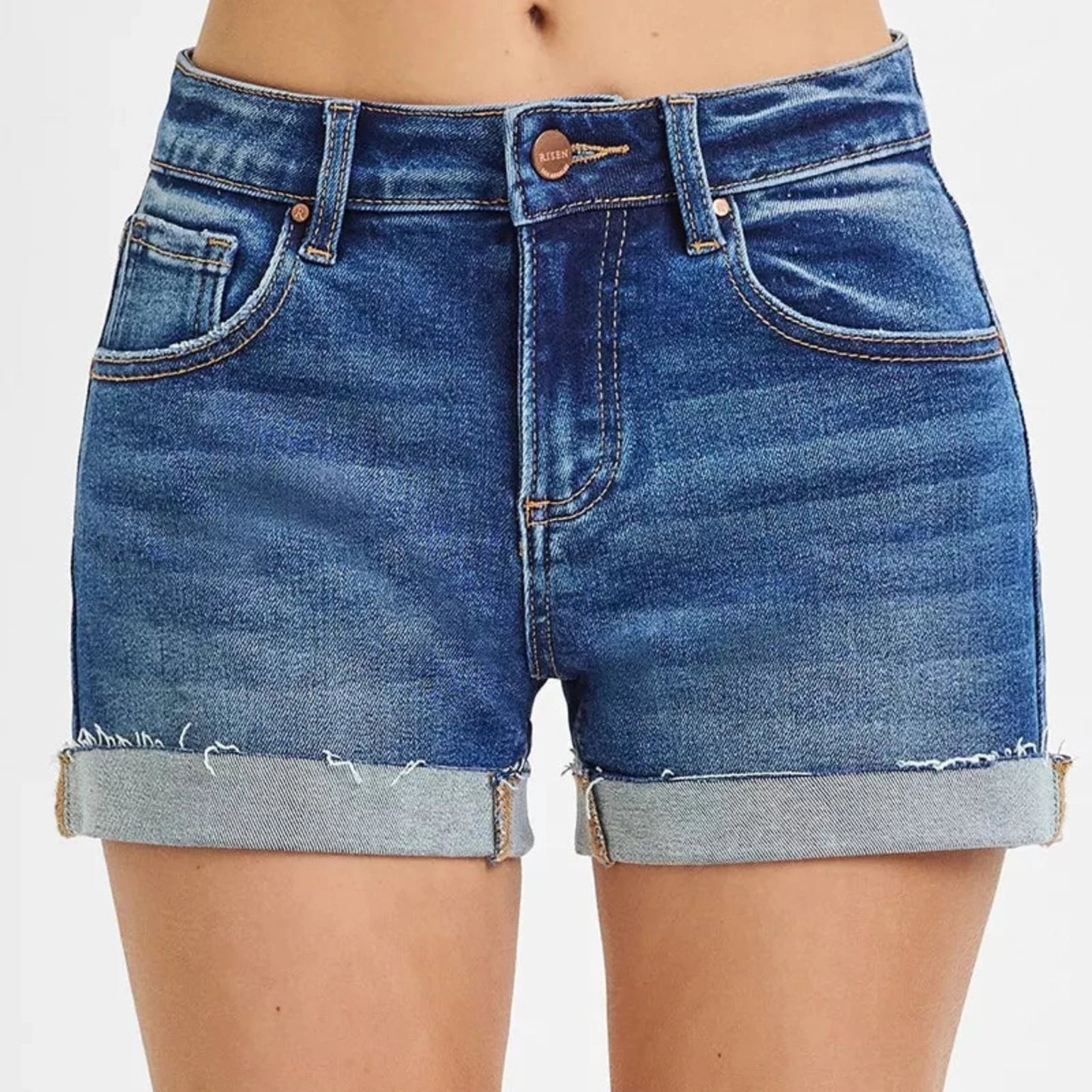 RISEN Low Rise Cuffed Denim Shorts-Trendsi - Solazura Boutique