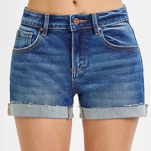 RISEN Low Rise Cuffed Denim Shorts-Trendsi - Solazura Boutique