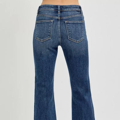 RISEN Mid Rise Frayed Hem Flare Jeans (Dark Wash)-Trendsi - Solazura Boutique