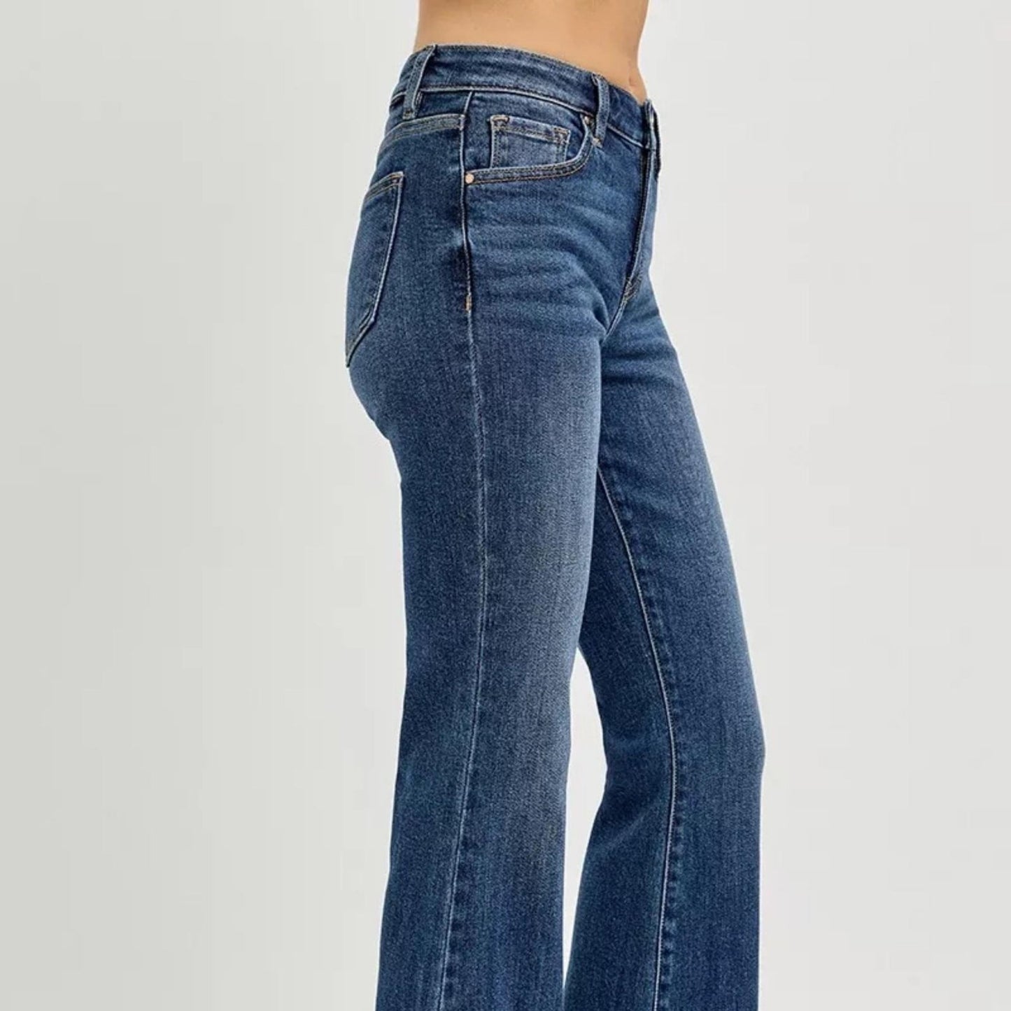 RISEN Mid Rise Frayed Hem Flare Jeans (Dark Wash)-Trendsi - Solazura Boutique