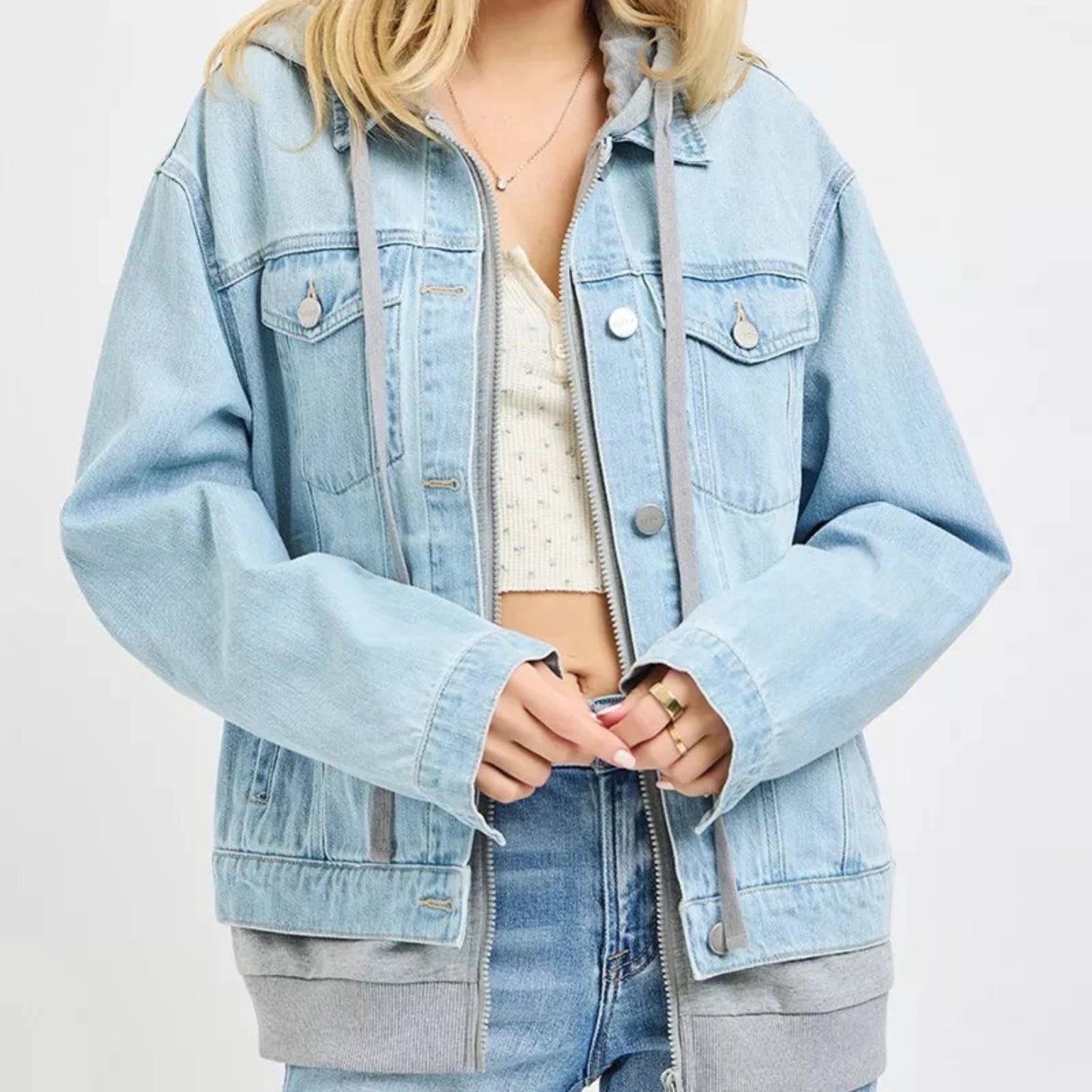 RISEN Oversized Hoodie Grey Denim Jacket-Trendsi - Solazura Boutique